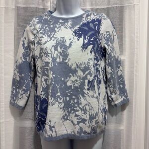Chico's 3/4 Sleeve Sweater Jacquard Abstract Blue Gray White Sweater 0 US Small
